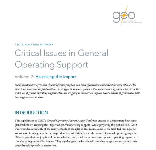 This cover is a Word document. The title reads, "GEO Publication Summary: Critical Issues in General Operating Support. Volume 2: Assessing the Impact".