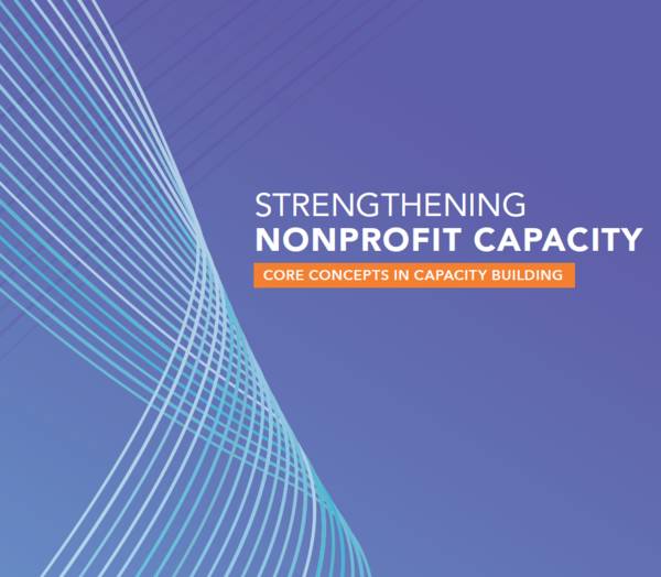 This publication cover is purple with a light blue design on the left side. The title of the publication reads, "Strengthening Nonprofit Capacity: Core Concepts in Capacity Building".